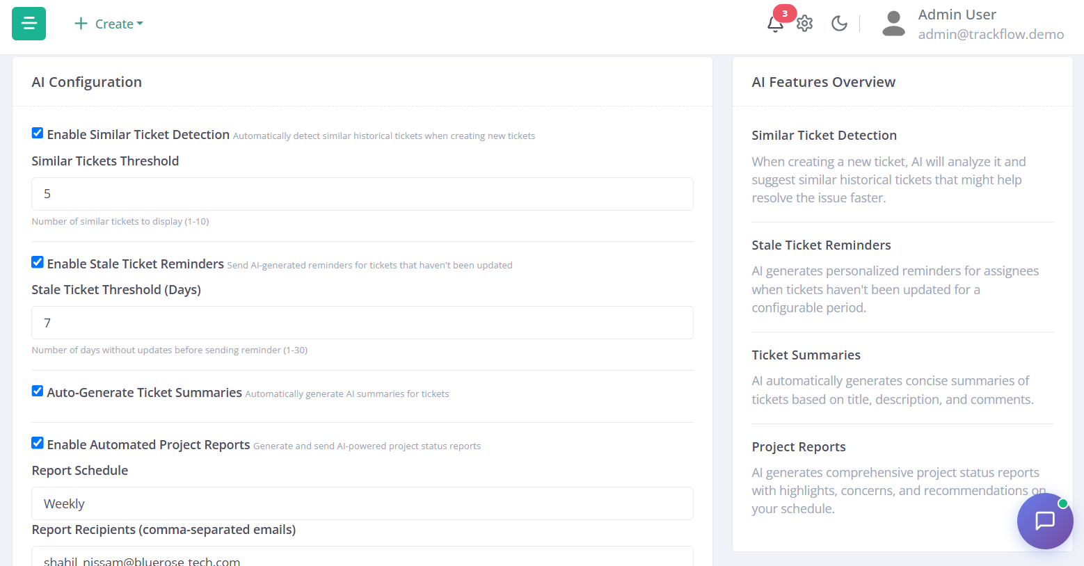 AI Configuration screen for similar-ticket detection, stale reminders, summaries and scheduled reports
