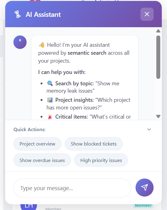 TrackFlow AI Assistant chat panel with quick-action suggestions